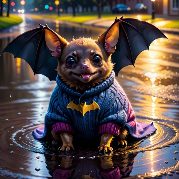 Drawing of a bat in a sweater in the puddle