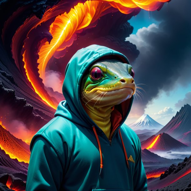 Photo of a eel in a hoodie in the volcano