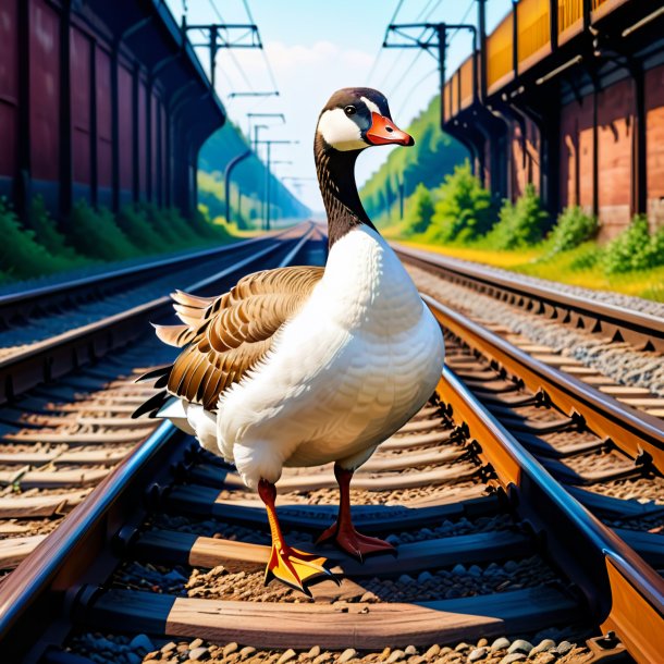 Ilustração de um ganso em um cinto nos trilhos ferroviários