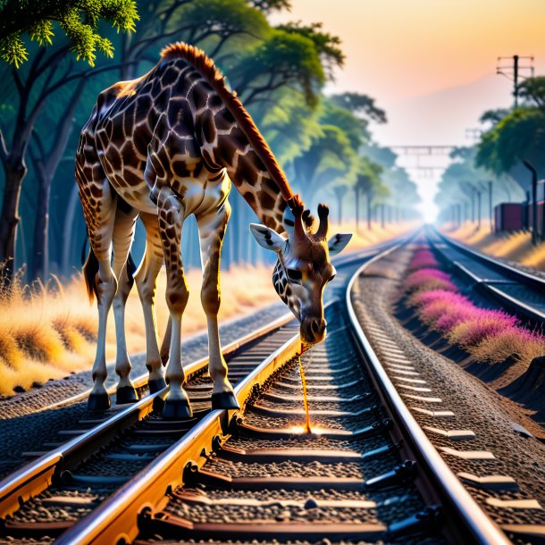 Foto de un trago de una jirafa en las vías del tren