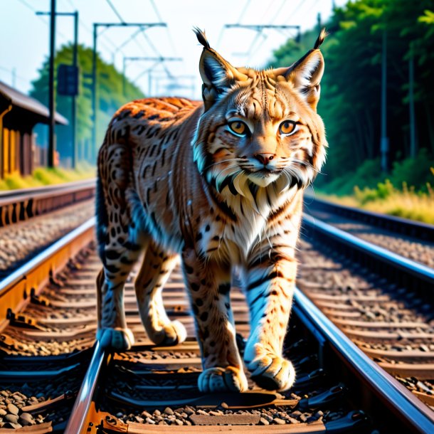 Pic of a lynx in a shoes on the railway tracks