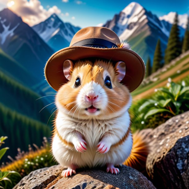 Foto de um hamster em um chapéu nas montanhas