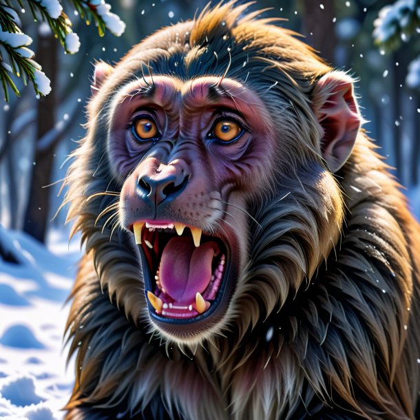 Image of a crying of a baboon in the snow