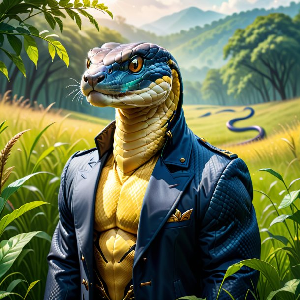 Illustration of a king cobra in a coat in the meadow