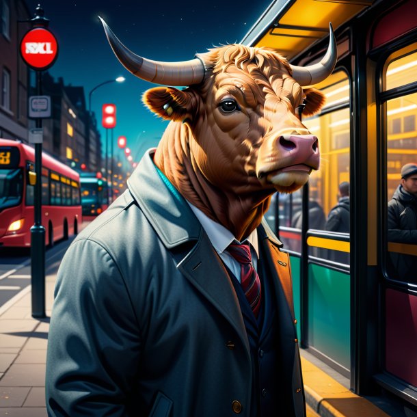 Drawing of a bull in a coat on the bus stop