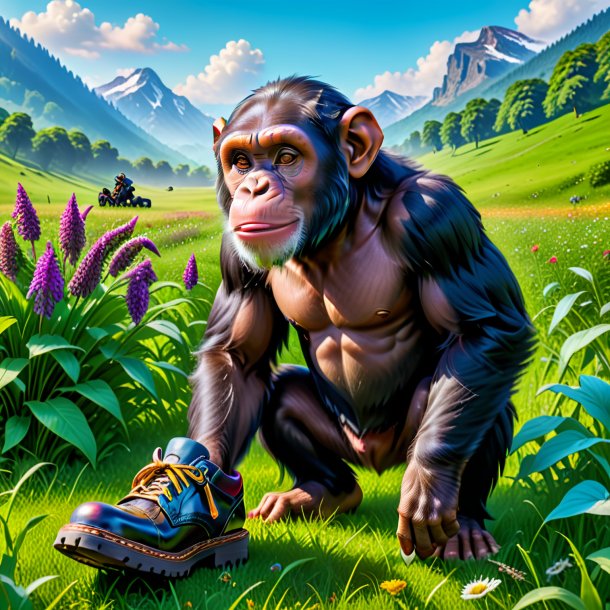 Image of a chimpanzee in a shoes in the meadow