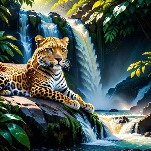 Imagem de um descanso de um leopardo na cachoeira