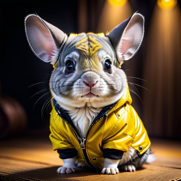 Foto de una chinchillas en una chaqueta amarilla