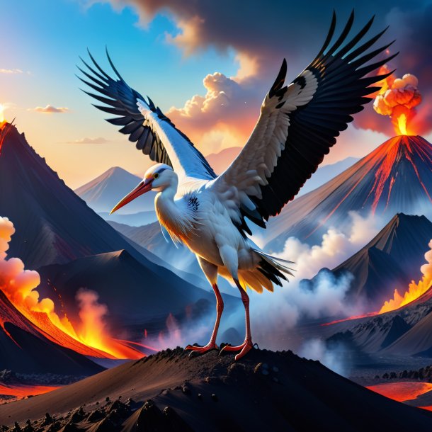 Pic d'une danse d'une cigogne dans le volcan