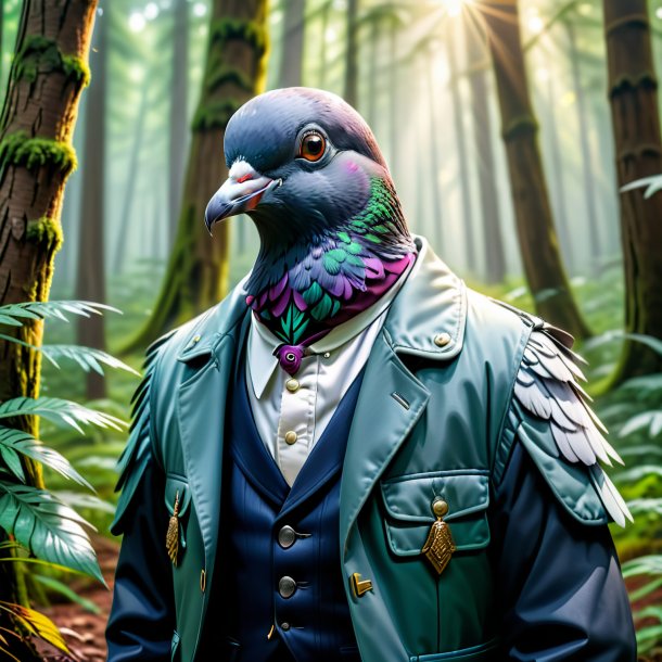 Photo of a pigeon in a jacket in the forest