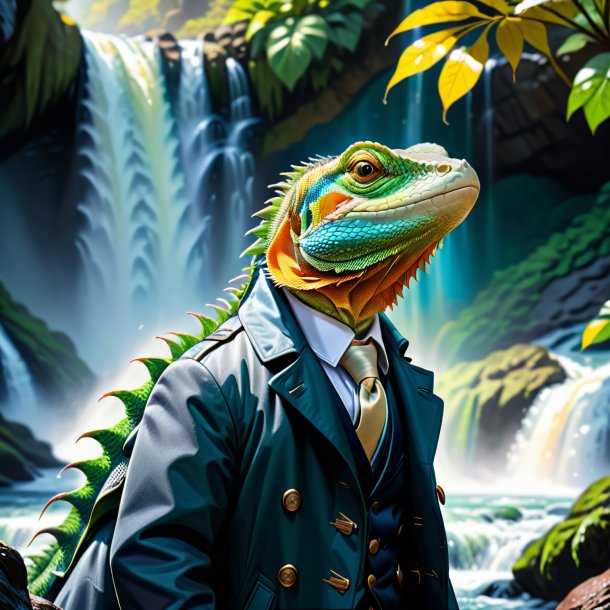 Desenho de um lagarto em um casaco na cachoeira