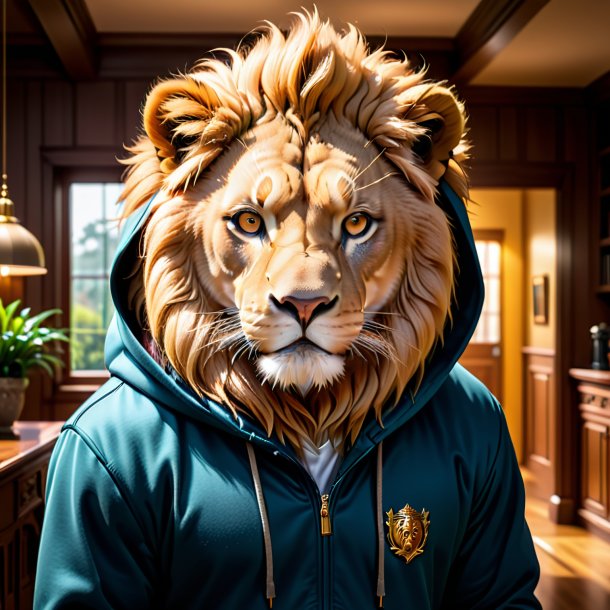 Picture of a lion in a hoodie in the house