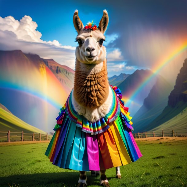 Foto de una llama en una falda en el arco iris