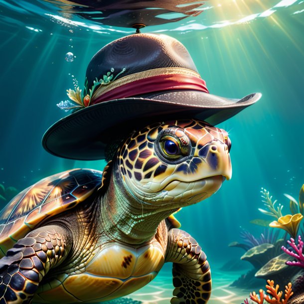 Dibujo de una tortuga en un sombrero en el agua