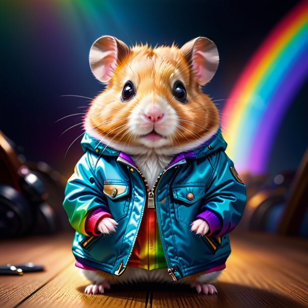 Illustration of a hamster in a jacket on the rainbow