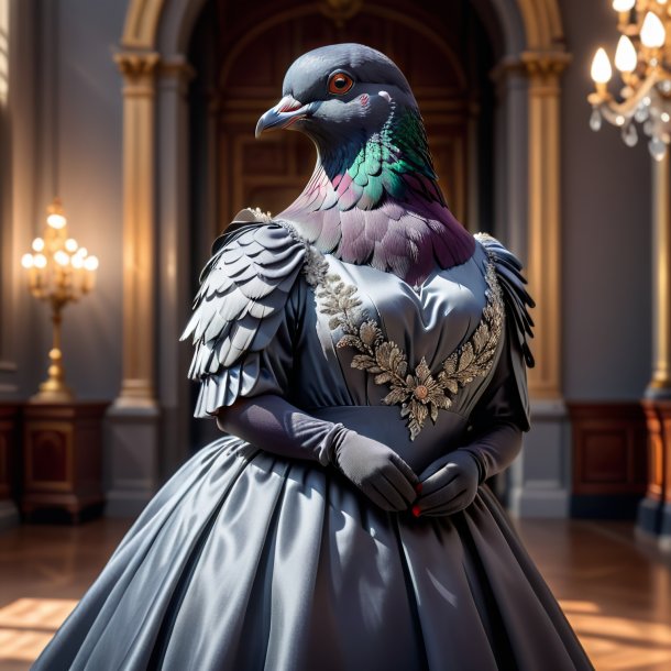 Picture of a pigeon in a gray dress