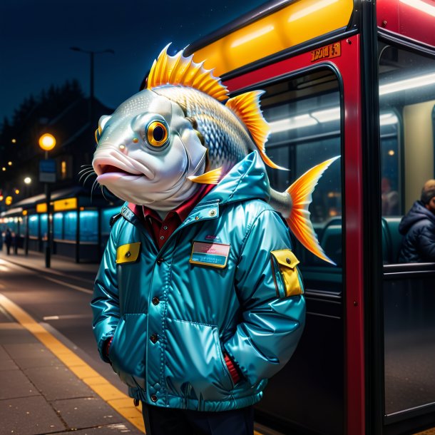 Imagem de um peixe em uma jaqueta no ponto de ônibus