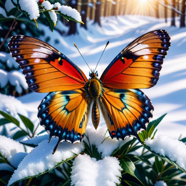 Imagen de una mariposa en un abrigo en la nieve