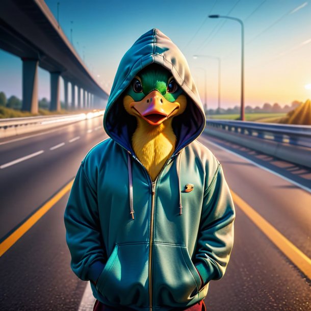 Image of a duck in a hoodie on the highway