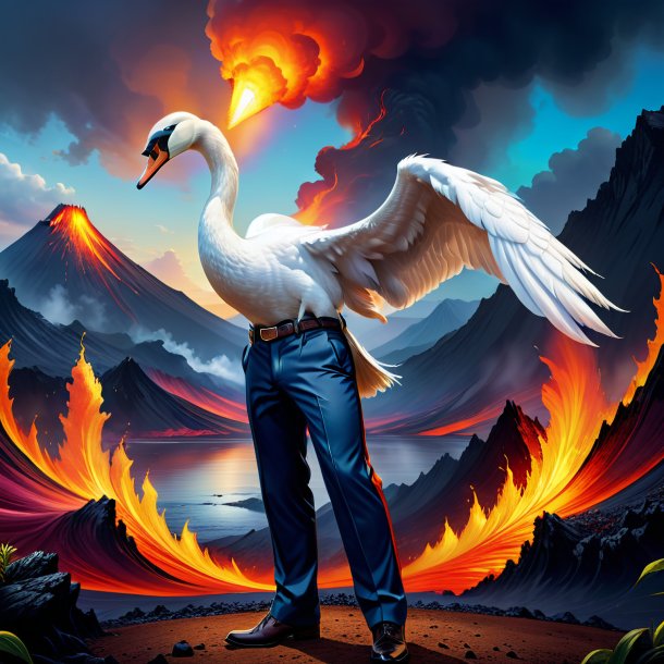 Illustration of a swan in a trousers in the volcano