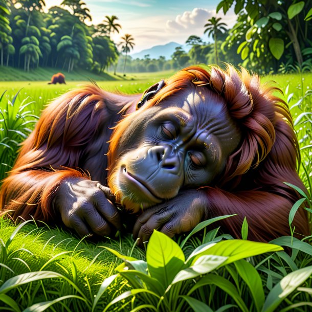 Image of a sleeping of a orangutan in the meadow