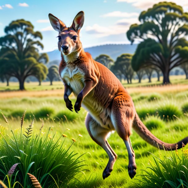 Photo d'un saut d'un kangourou dans la prairie