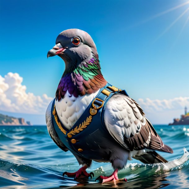 Picture of a pigeon in a vest in the sea