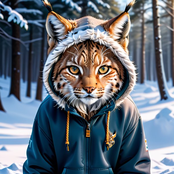 Image of a lynx in a hoodie in the snow