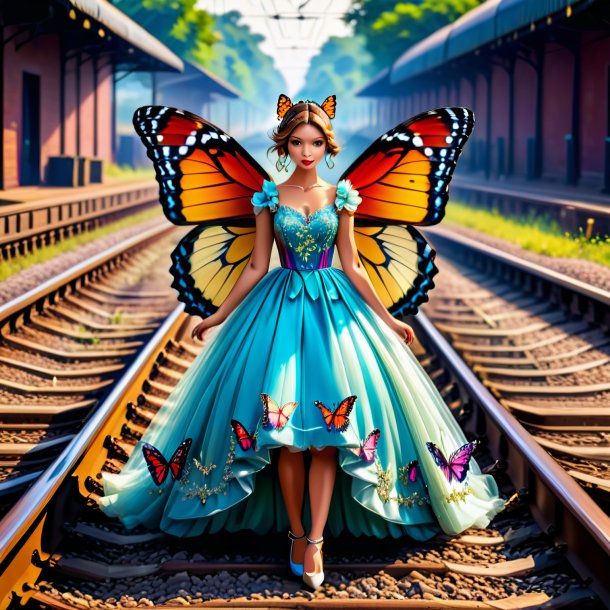 Foto de una mariposa en un vestido en las vías del tren