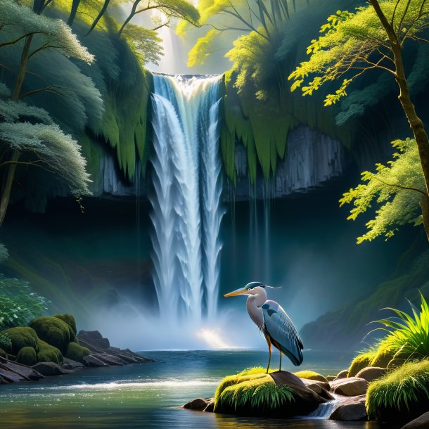 Image of a waiting of a heron in the waterfall