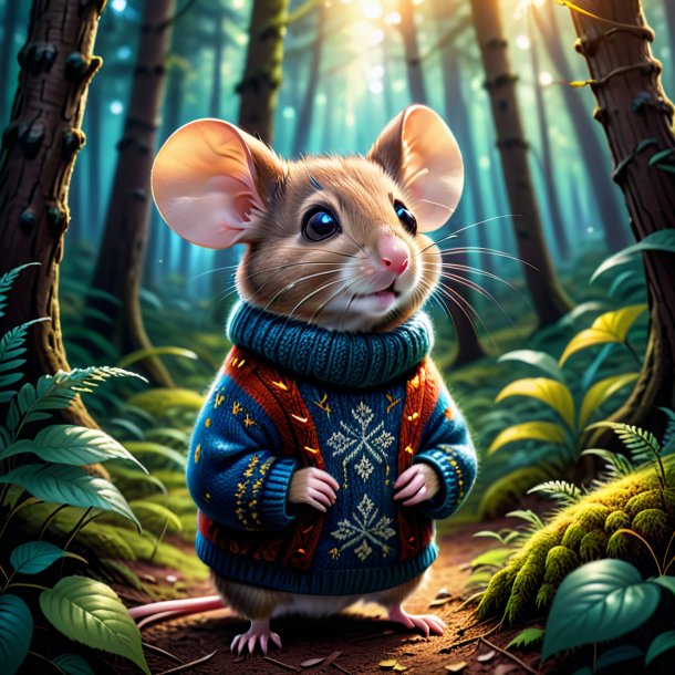 Illustration d'une souris dans un pull dans la forêt