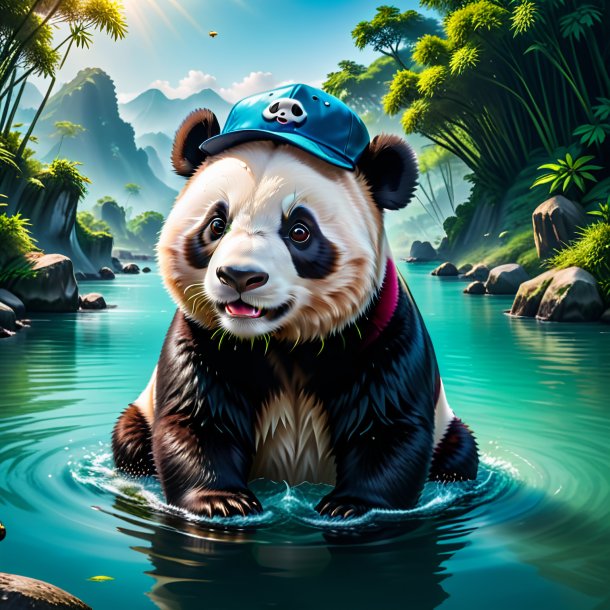 Image of a giant panda in a cap in the water