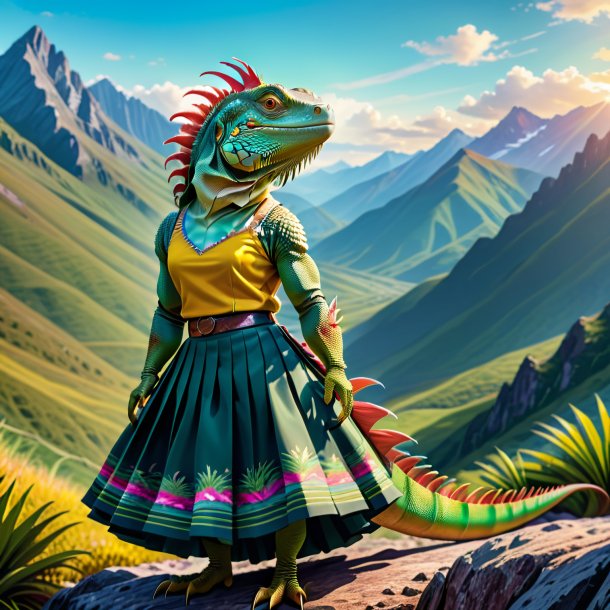 Illustration of a iguana in a skirt in the mountains