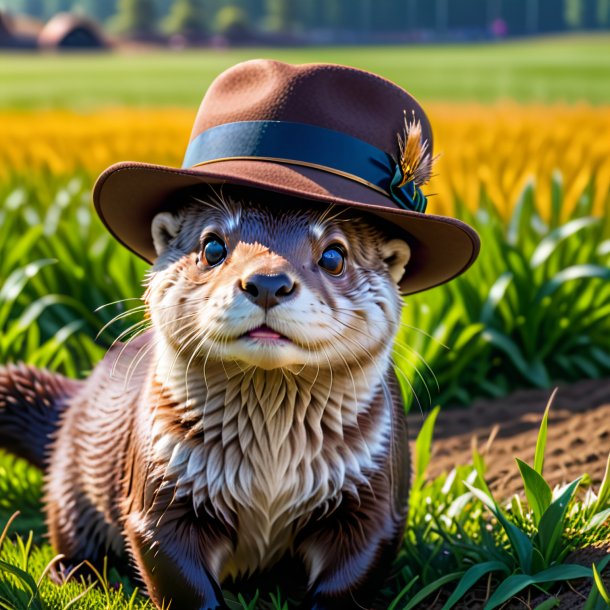 Foto de uma lontra em um chapéu no campo