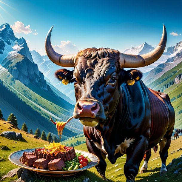 Image of a eating of a bull in the mountains