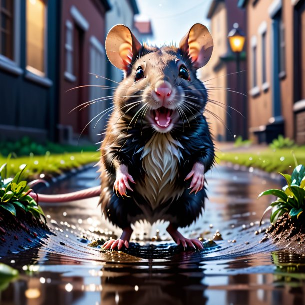 Pic of a jumping of a rat in the puddle