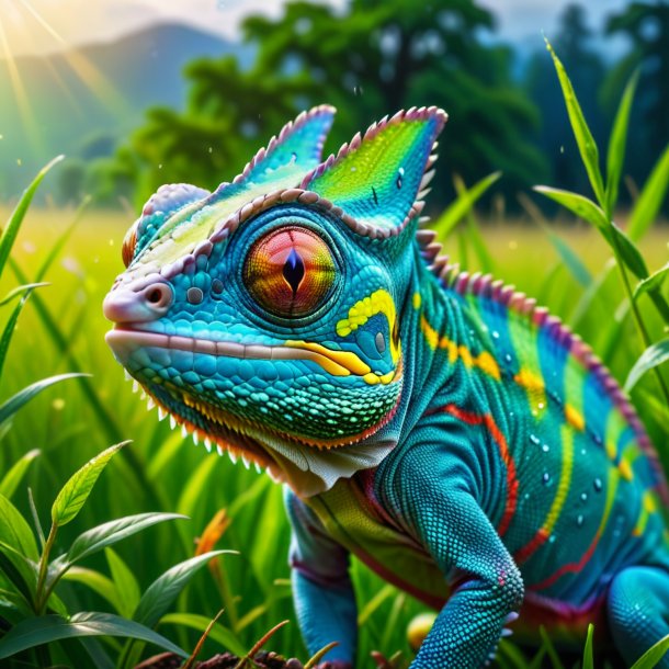 Photo of a crying of a chameleon in the meadow