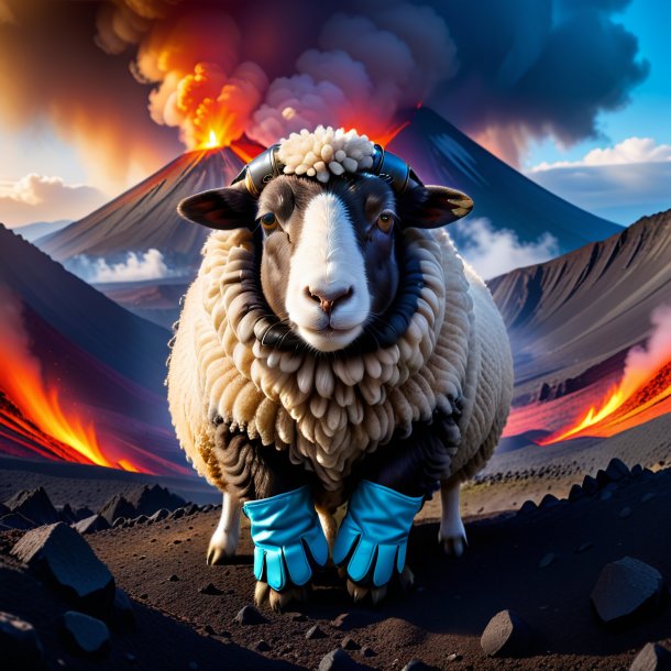 Photo of a sheep in a gloves in the volcano