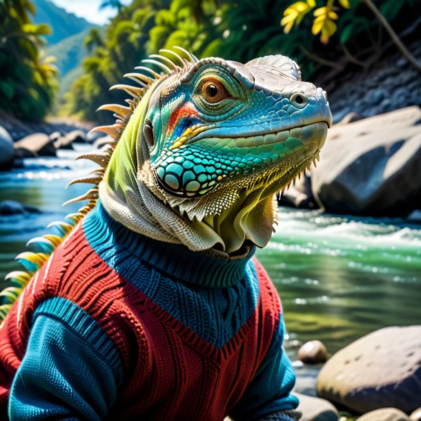 Pic of a iguana in a sweater in the river