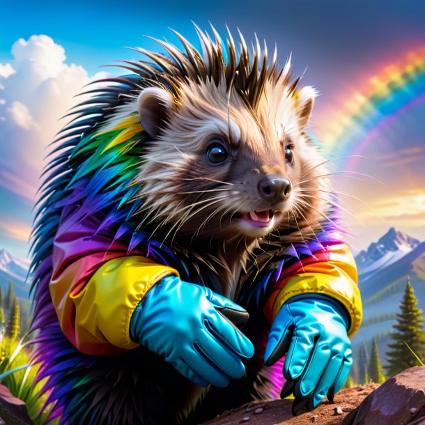 Picture of a porcupine in a gloves on the rainbow