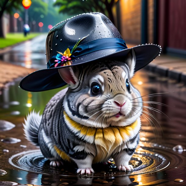 Image of a chinchillas in a hat in the puddle