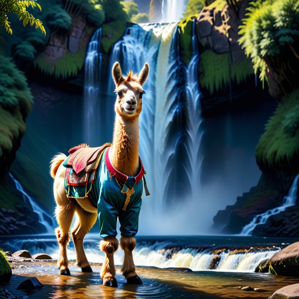 Photo of a llama in a trousers in the waterfall