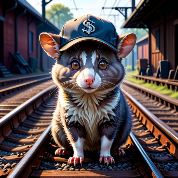 Illustration of a possum in a cap on the railway tracks