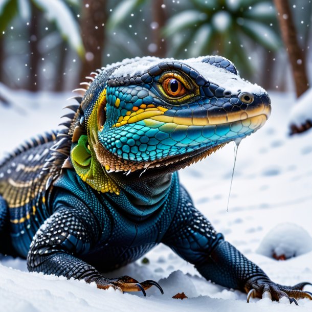 Image of a drinking of a monitor lizard in the snow