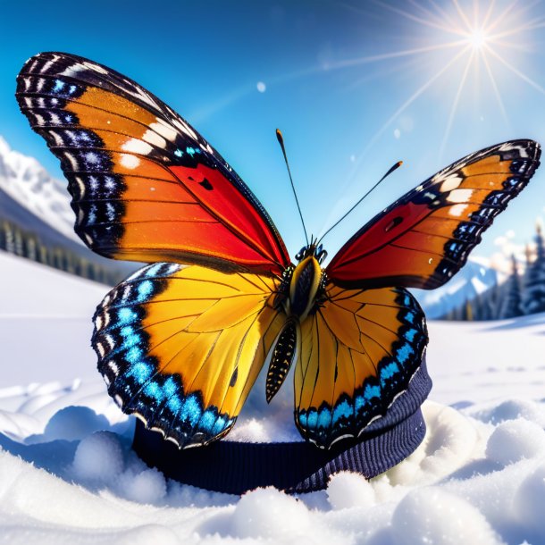 Image of a butterfly in a cap in the snow