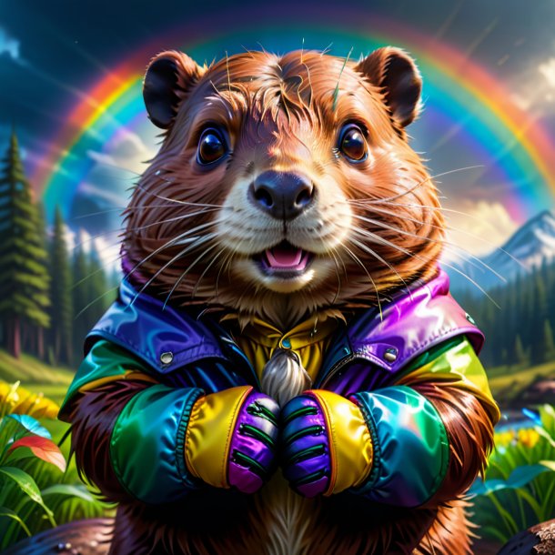 Drawing of a beaver in a gloves on the rainbow