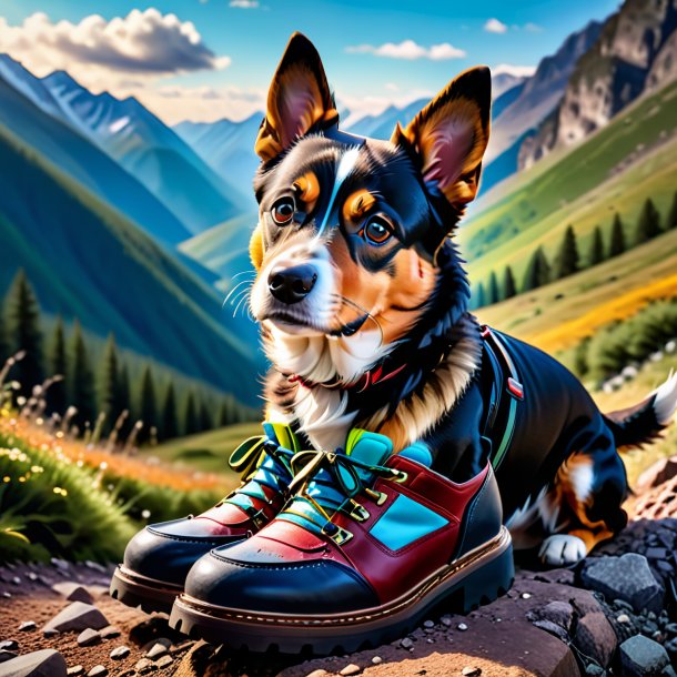 Photo of a dog in a shoes in the mountains