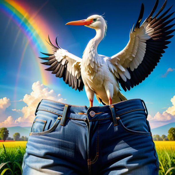 Foto de una cigüeña en un jeans en el arco iris