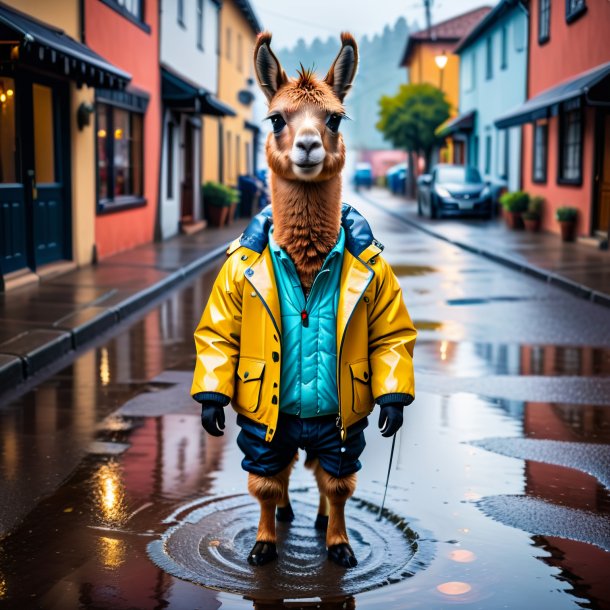 Photo of a llama in a jacket in the puddle