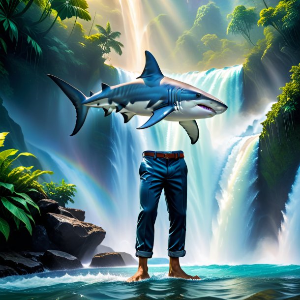 Photo of a hammerhead shark in a trousers in the waterfall